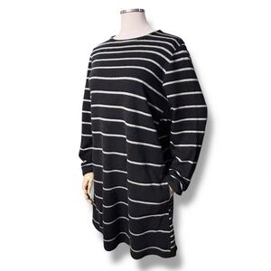 J. JILL Brushed French Terry Crew Neck Dress Black with Grey Stripes